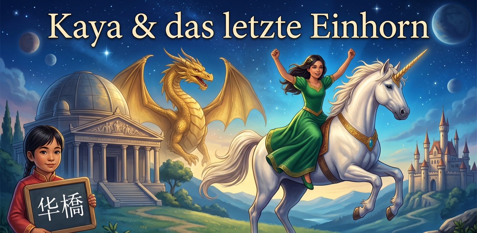 Aquarell-Titelbild: Burg Anhalt mit Einhorn und Kindern auf einer Brücke bei Morgenlicht